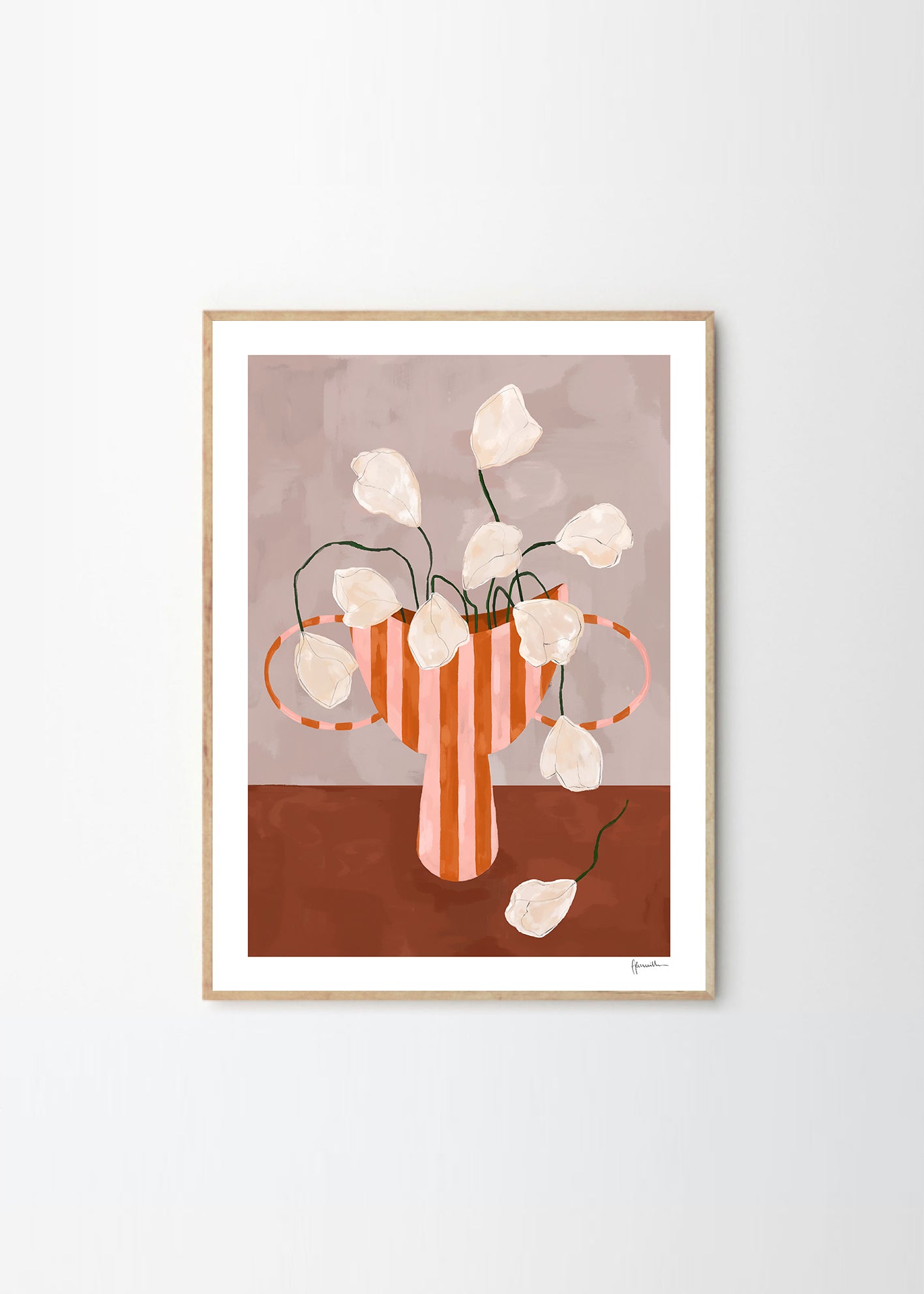 Plagát White Flowers in Striped Vase by Frankie Penwill